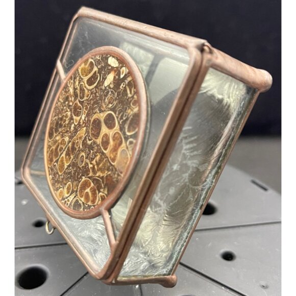 Turritella Agate / Fossil Hand Made Brass Glass Mirror Jewelry Box 1984 (2-3/4) - Picture 4 of 12